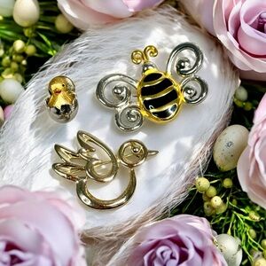Vintage Brooch Trio Sarah Coventry Gold Bird, Avon Chick in Egg pin, Bumblebee
